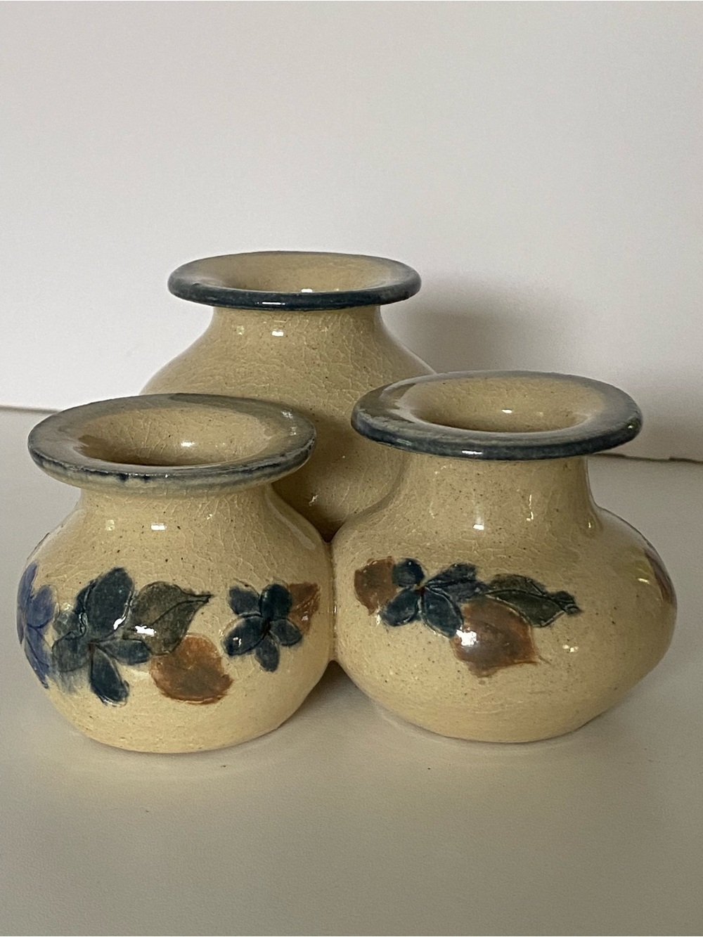 Handmade Art Pottery Small Bud Vase 3 Attached Beige Blue Flowers 3” Signed